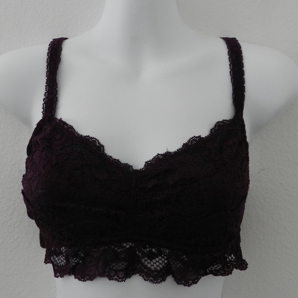 Express One Eleven soft cup, adjustable strap scalloped lace bralette in plum